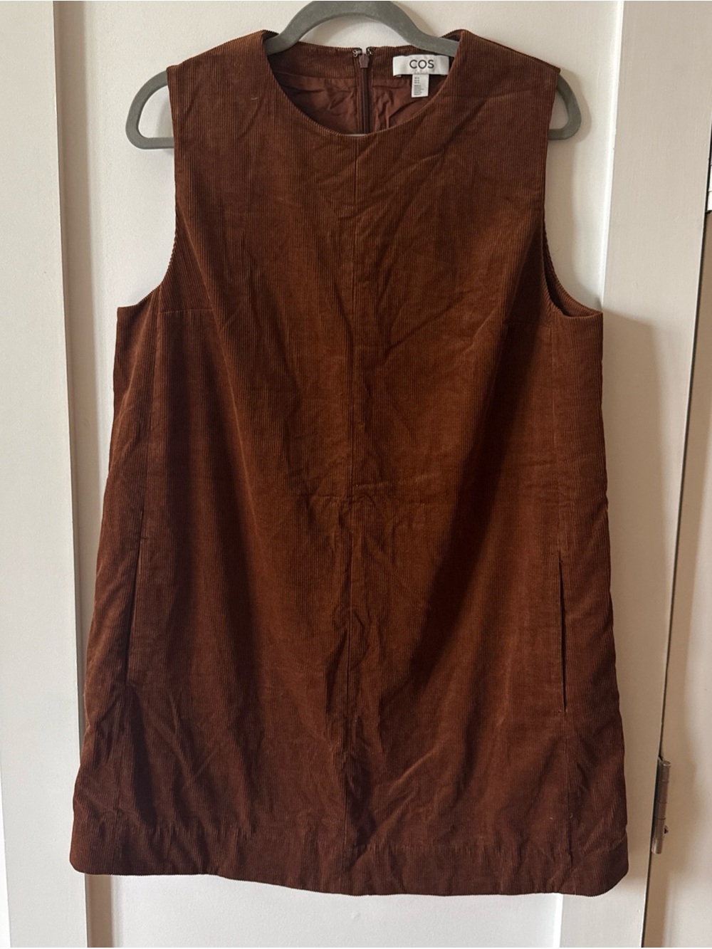 COS Corduroy Brown Pinafore Mini Shift Sleeveless Dress Pockets Size 14 XL